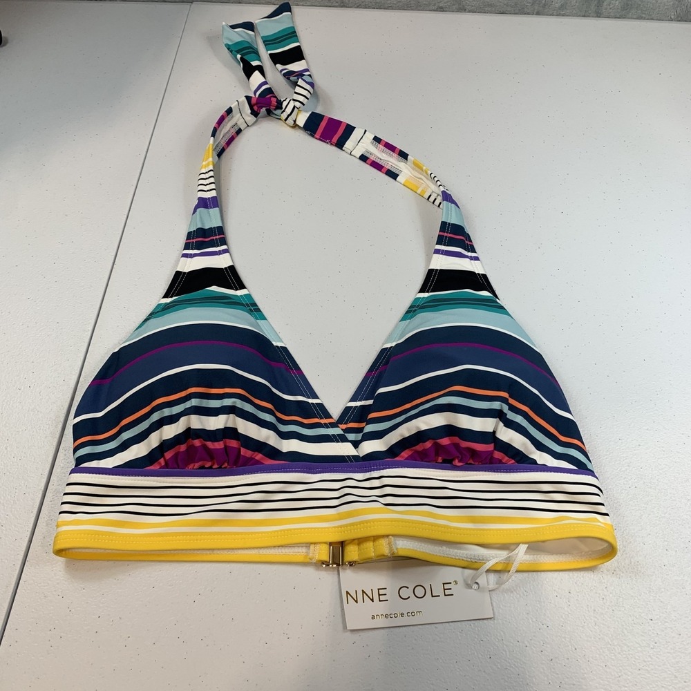 Anne Cole Women's Swim Bikini Top L Marilyn Halter Banded Striped Multicolor